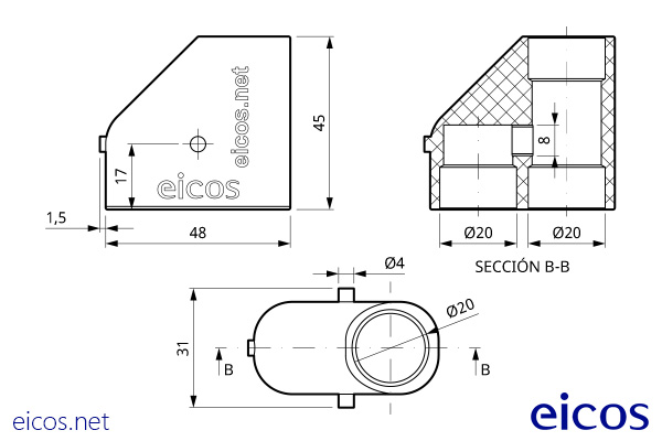 Dimensiones del Adaptador PVC 20 X 20