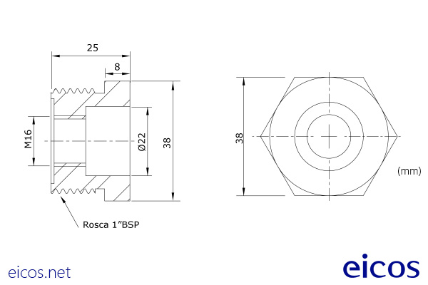 Dimensiones de Conexión 1"BSP de aluminio para montaje de Sensores de Nivel