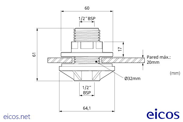 Dimensiones del pasamuros 1/2" en PVC