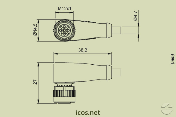 Dimensiones de Conector Plug M12 hembra PUR 2m para Sensores con Plug M12
