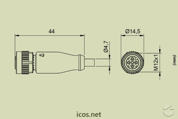 Dimensiones de Conector Plug M12 hembra PUR 2m para Sensores con Plug M12