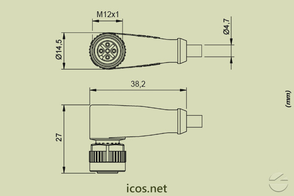 Haga clic para ampliar Dimensiones de Conector Plug M12 hembra PUR 5m para Sensores con Plug M12 Dimensiones de Conector Plug M12 hembra PUR 5m para Sensores con Plug M12