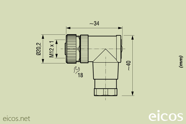 Dimensiones del conector hembra M12 90°