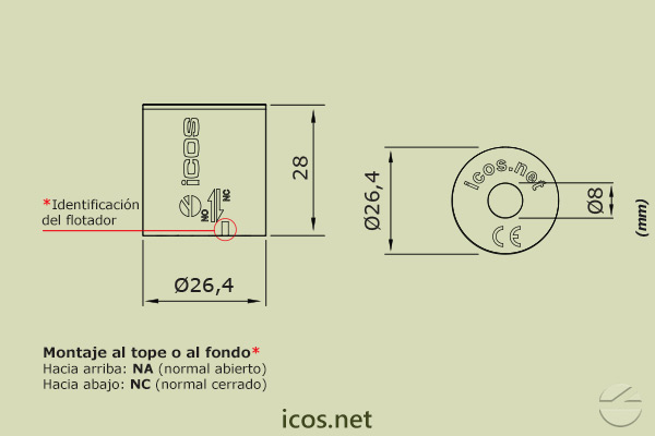 Dimensiones de Flotador Magnético en Polipropileno