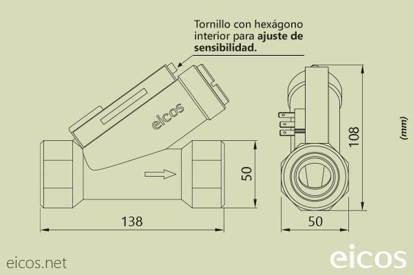 Dimensiones del sensor de flujo Eicos FC10B04