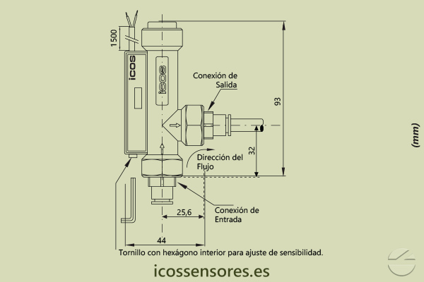 Dimensiones del sensor de flujo Eicos FE18B04