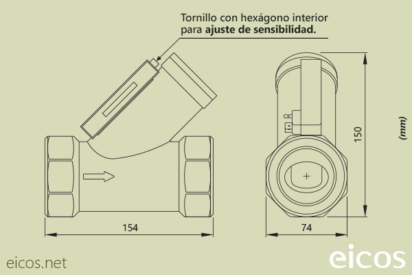 Dimensiones del sensor de flujo Eicos FG20B02