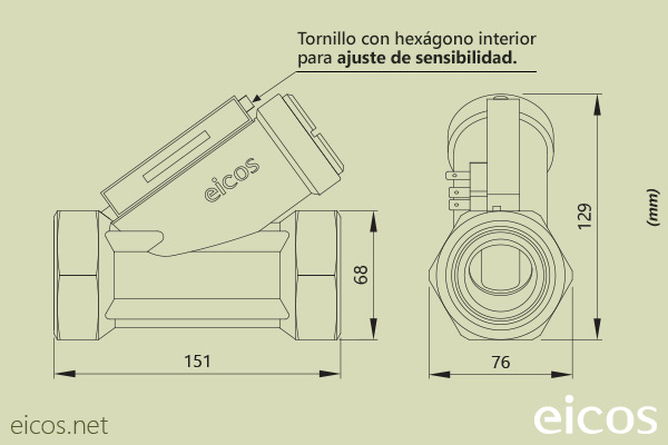 Dimensiones del sensor de flujo Eicos FJ112B04