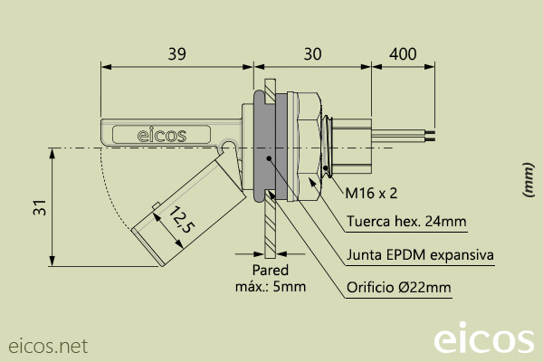 Haga clic para ampliar Dimensiones del sensor de nivel LF222E-40 Dimensiones del sensor de nivel LF222E-40