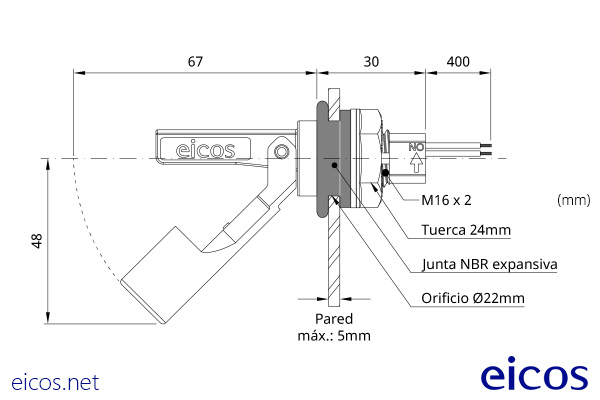 Dimensiones del sensor de nivel LA322E-40