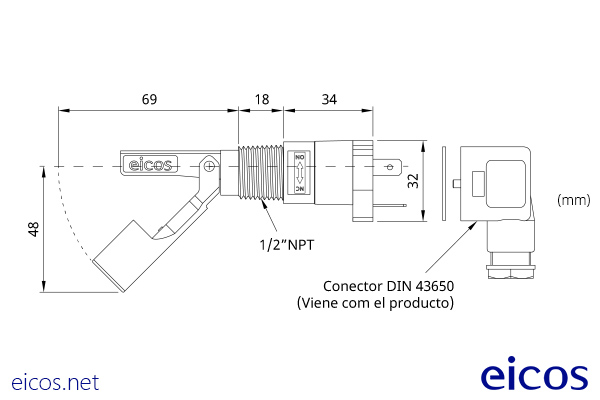 Dimensiones del sensor de nivel LA32NP