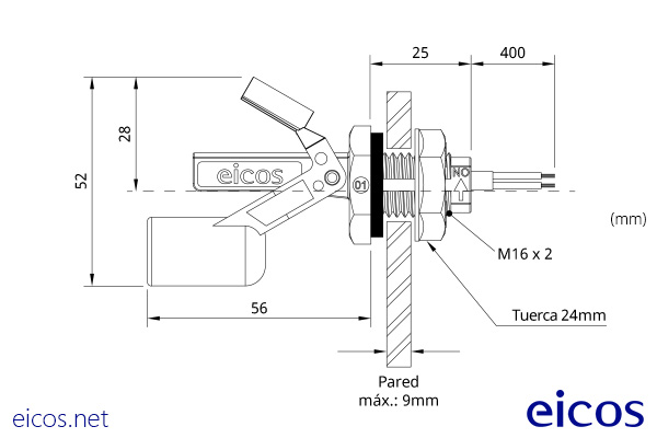 Dimensiones del sensor de nivel LB26M-40