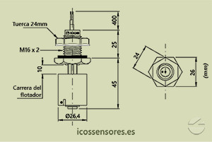 Haga clic para ampliar Dimensiones del sensor de nivel LC26M-40 Dimensiones del sensor de nivel LC26M-40