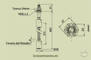 Haga clic para ampliar Dimensiones del sensor de nivel LE402-1-M12 Dimensiones del sensor de nivel LE402-1-M12