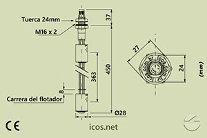 Haga clic para ampliar Dimensiones del sensor de nivel LE452-1-M12 Dimensiones del sensor de nivel LE452-1-M12