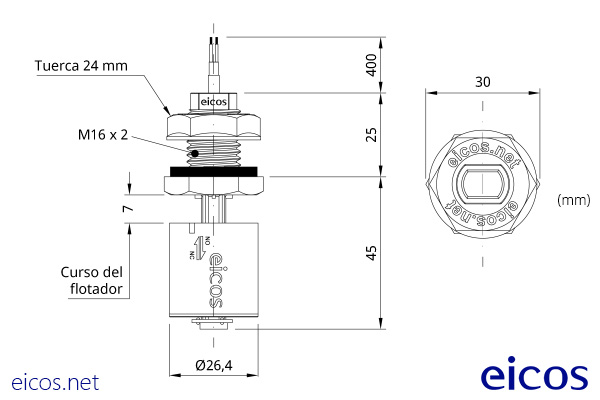 Dimensiones del sensor de nivel LC26M-40