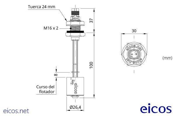 Dimensiones del sensor de nivel LD361-M12