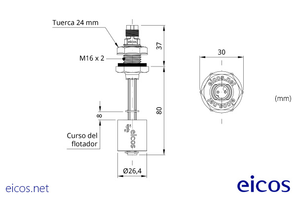 Dimensiones del sensor de nivel LD81-M12