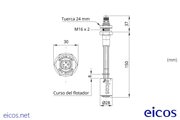 Dimensiones del sensor de nivel LE151-M12